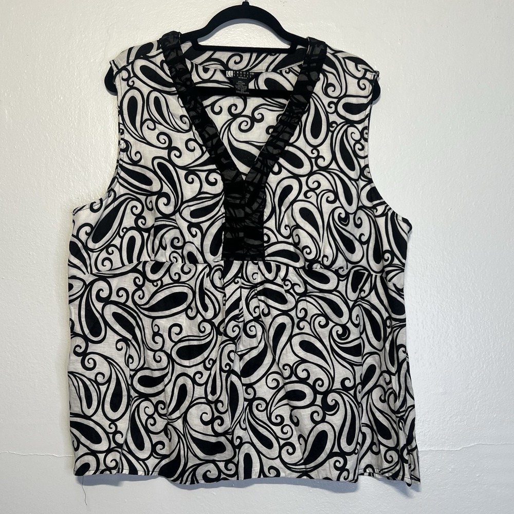 Carole Little‎ Women's Plus Sz 2X Linen Top Black White Paisley Print Breathable